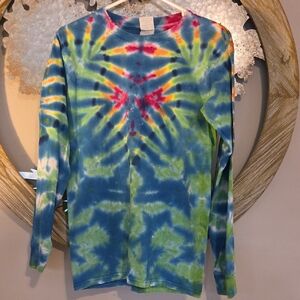 Gildan Blue and Green Long Sleeve Tie-Dye Tee
